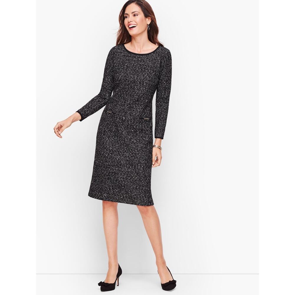 Talbots Textured Knit Tweed Long Sleeve Knee Shift Dress Size 12 Black Career